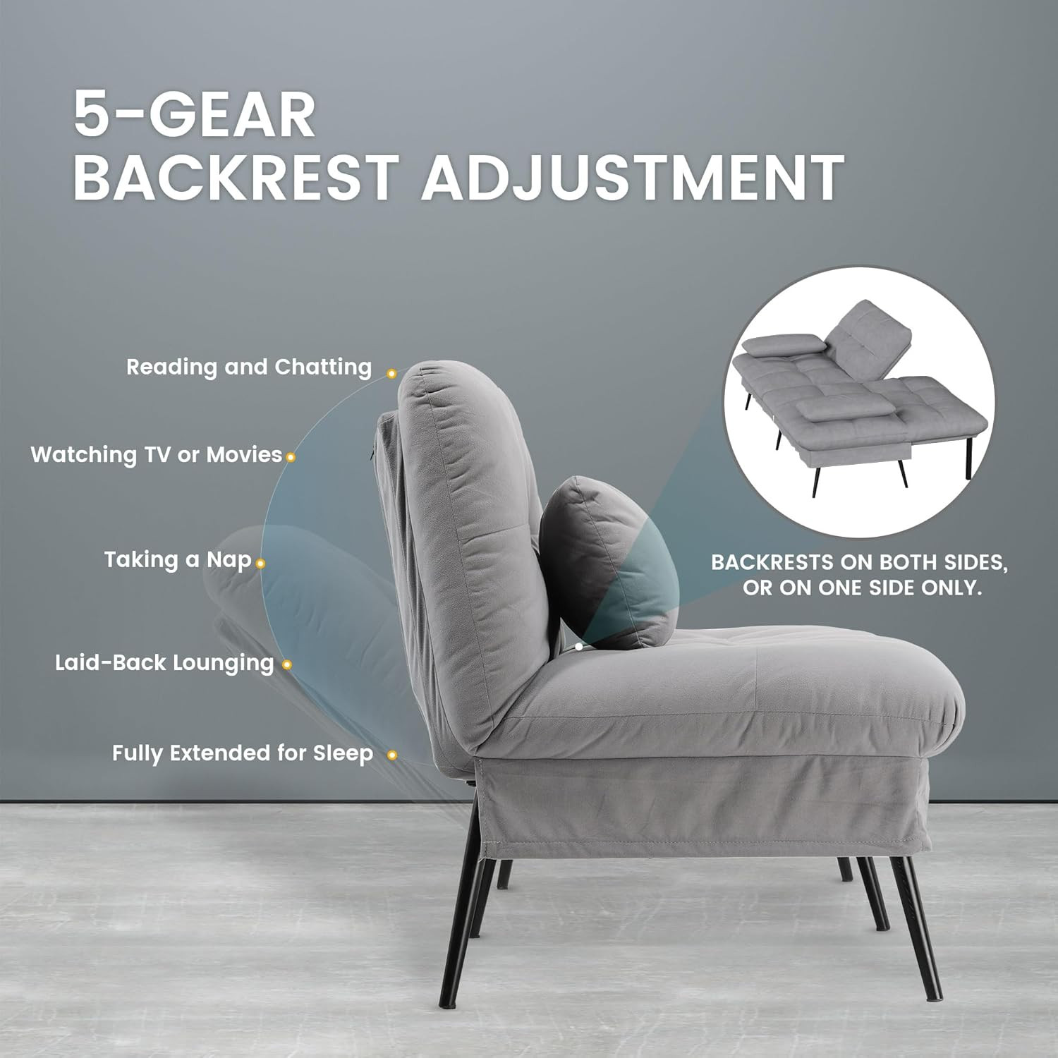 Grey Convertible Sofa Bed with Adjustable Backrest for Living Room