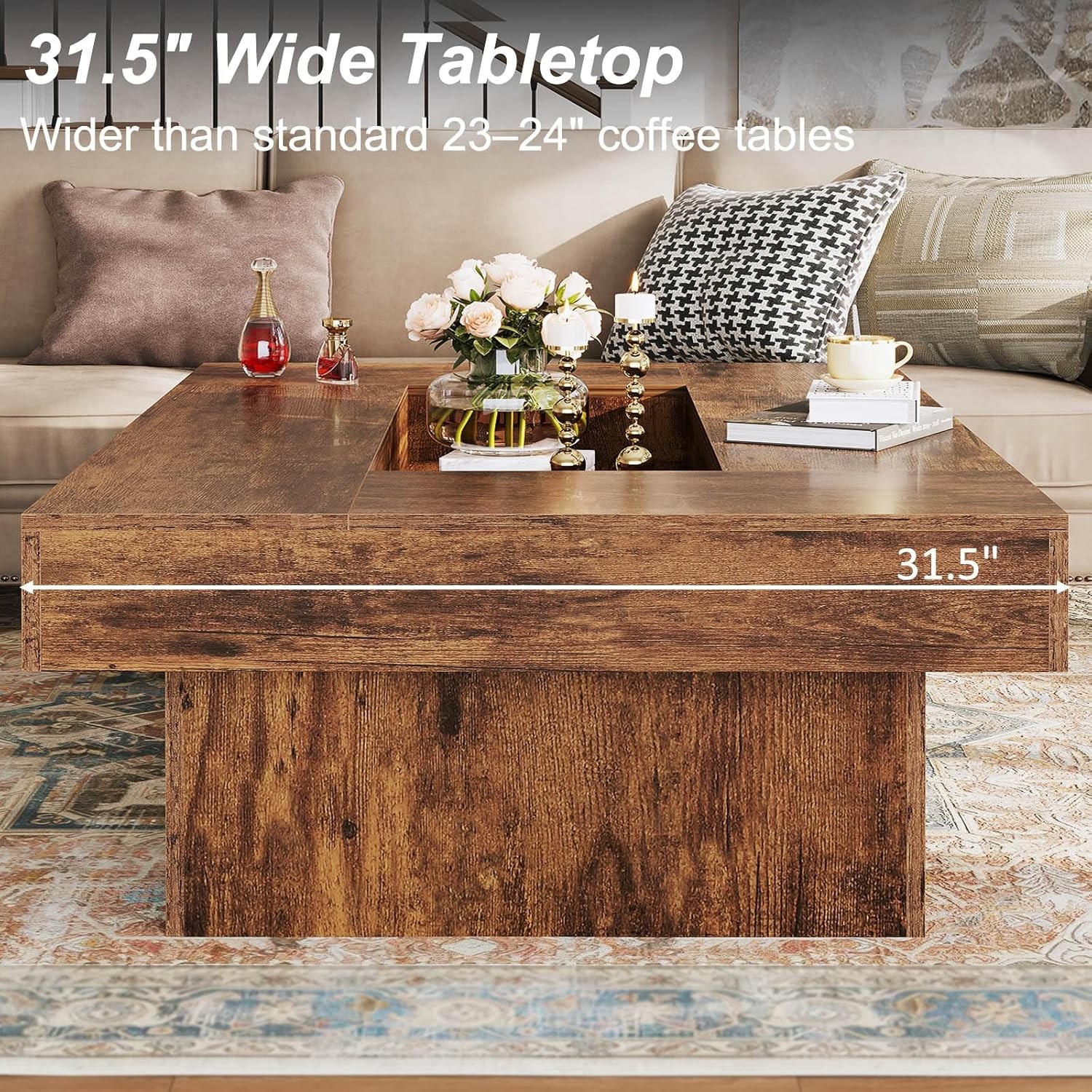 47 Inch Rustic Coffee Table with Storage LED Wood Center Table Large Wide