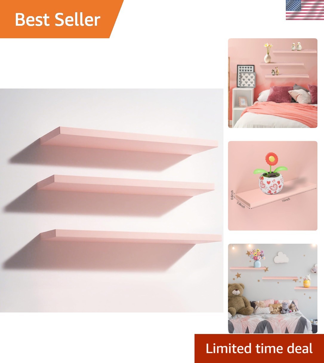 Chic 3 Pack Pink Floating Shelves – Lightweight Solid Wood for Easy Installation