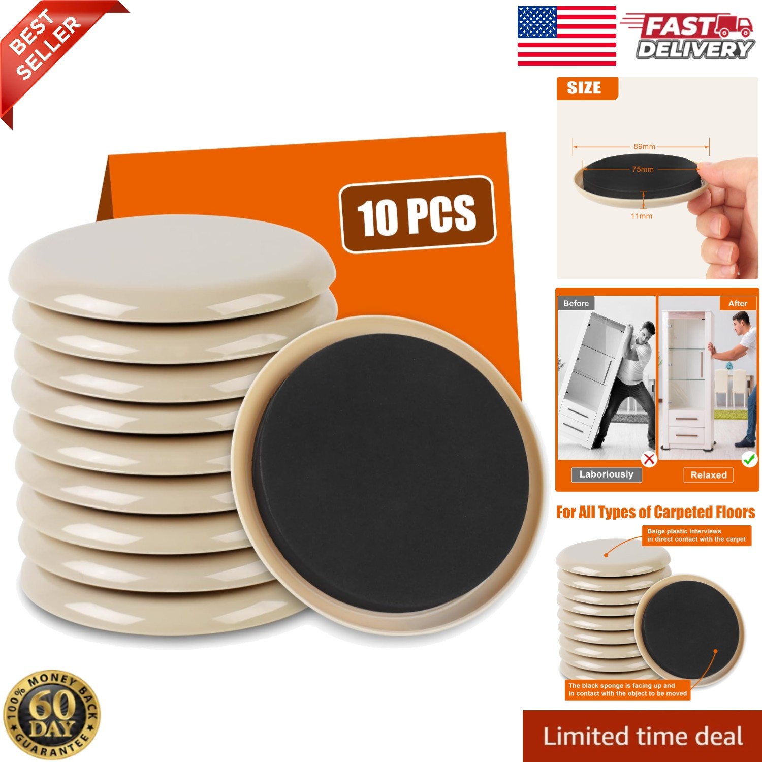 10PCS 3 1/2″ Furniture Sliders – Ideal for Hardwood Floors & Carpet Use