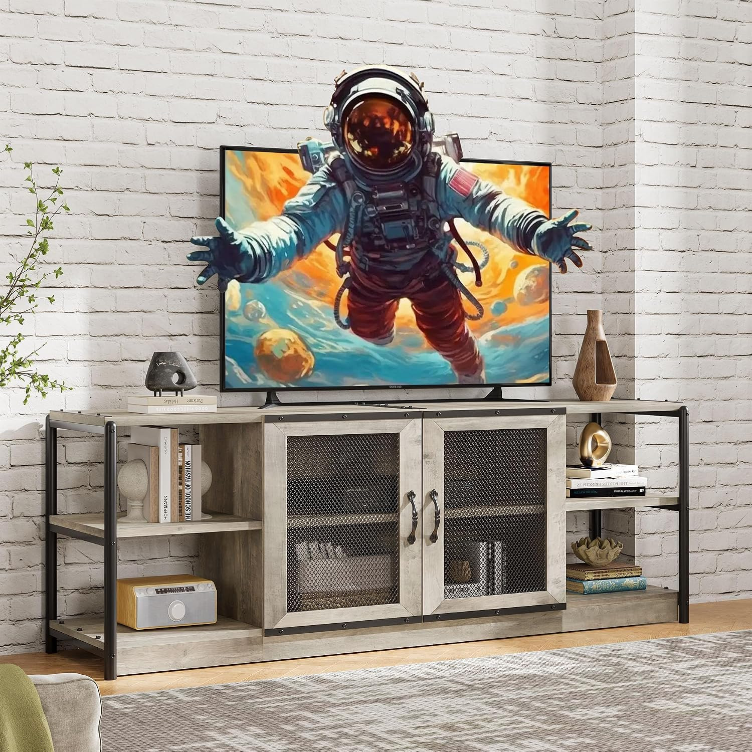Rustic 71” Industrial TV Stand for 75/80 Inch TVs with Storage & Open Shelves