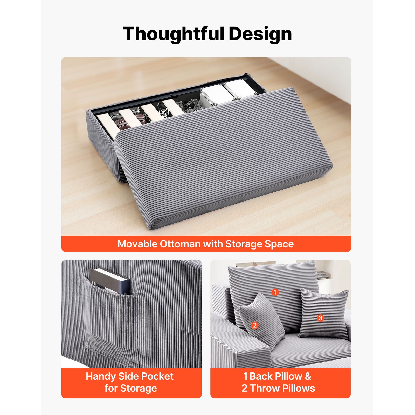 Uimoso Modular Indoor Chaise Lounge Chair, 44 in, Grey
