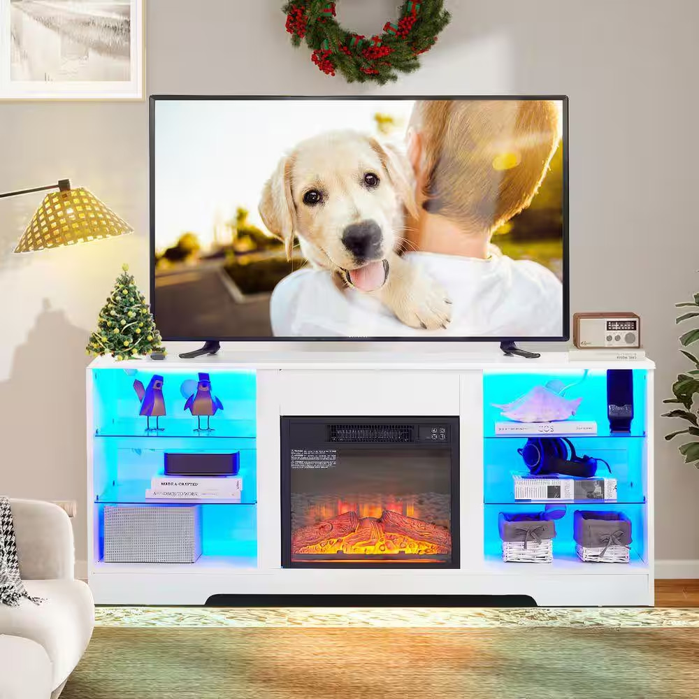 58 In. Modern Freestanding Electric Fireplace TV Stand with Glass Shelves, LED L