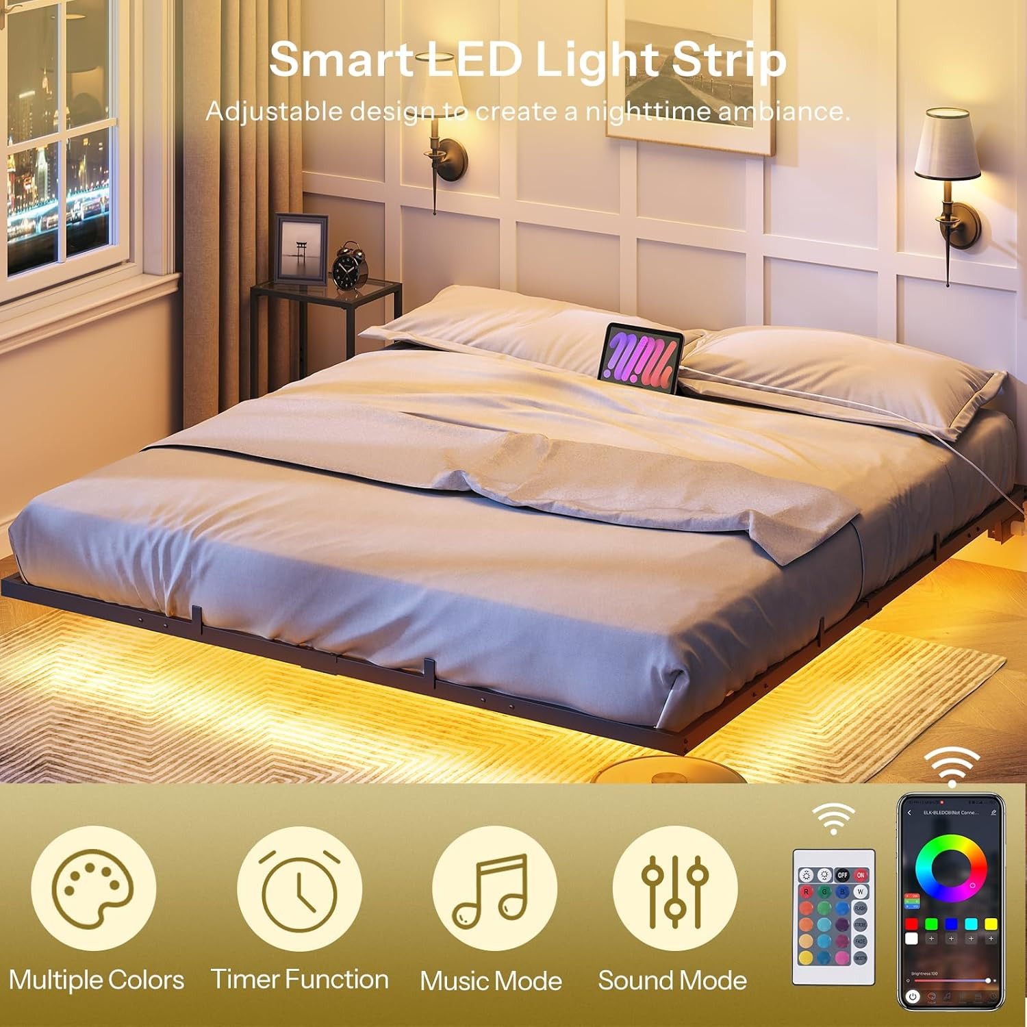 King Size Floating Bed Frame with LED Lights & Charging Station, Black Metal