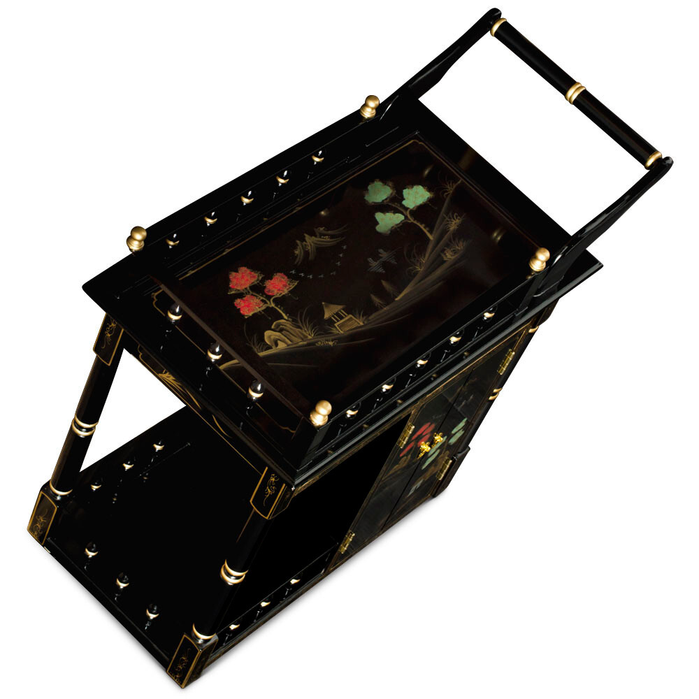 US SELLER – Black Lacquer Chinoiserie Scenery Chinese Tea Cart