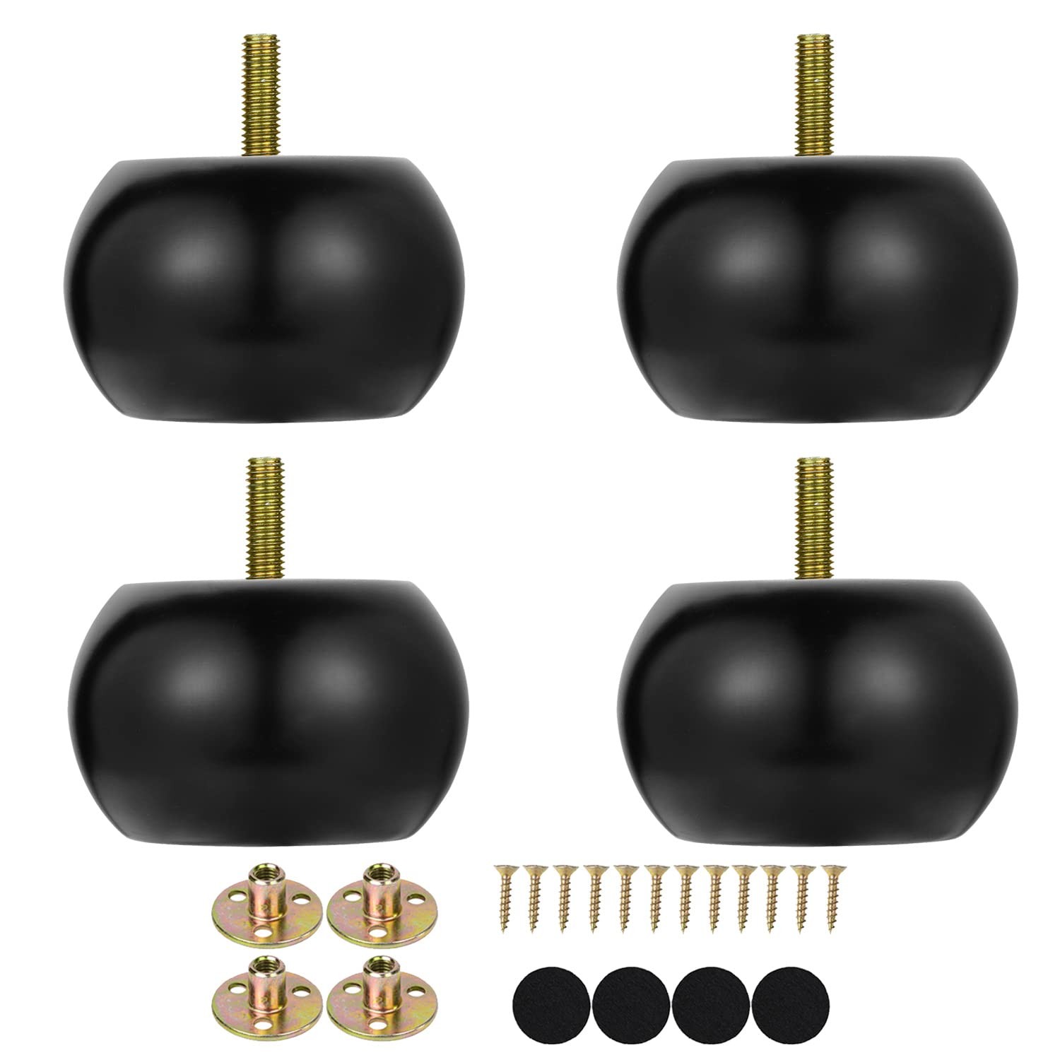 4 PCS 2 Inch Black Wood Round Bun Feet Furniture Sofa Legs PreDrilled M8