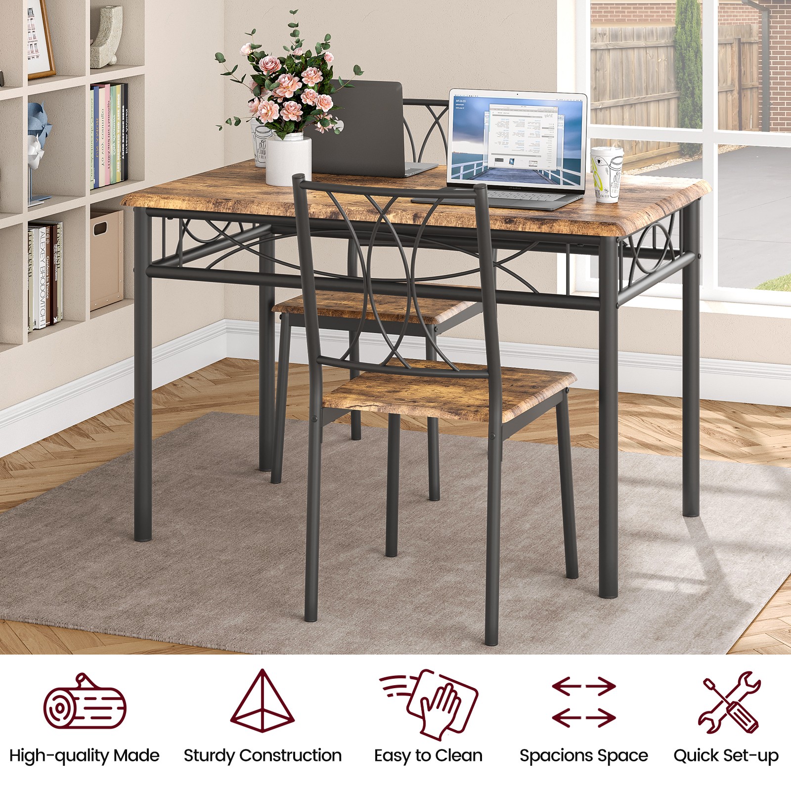 Dining Table Set for 4, Industrial 5-Piece Wood & Metal Kitchen Table and Chairs