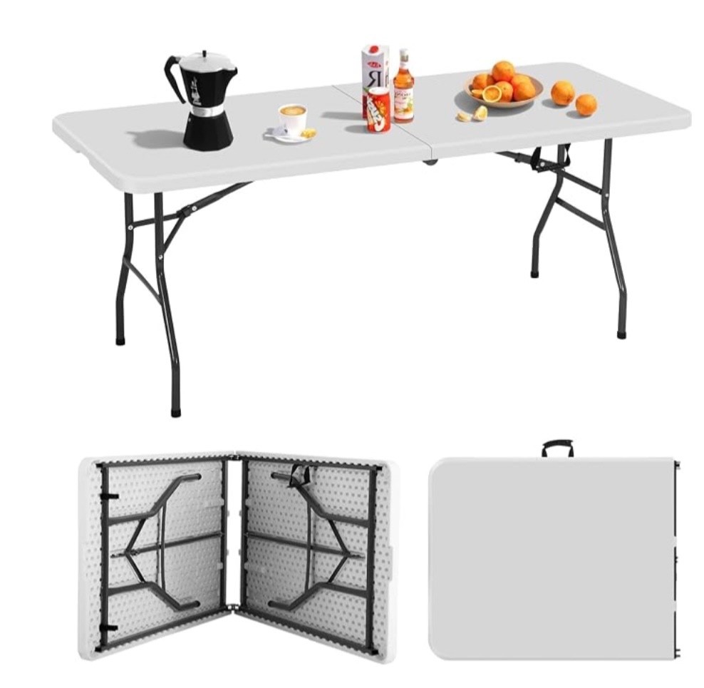 6ft Folding Table Heavy Duty Fold-in-Half Portable Utility Table White Handle