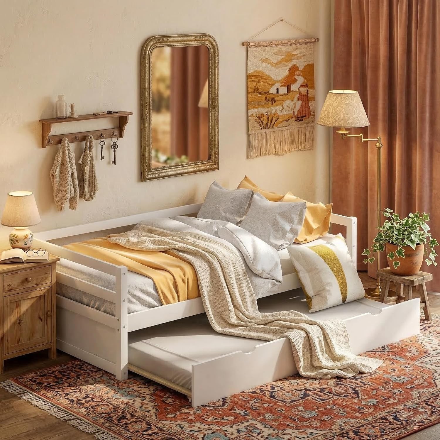 Twin Size Daybed with Trundle, Solid Wood Captains Bed Sofa Bed Frame, White