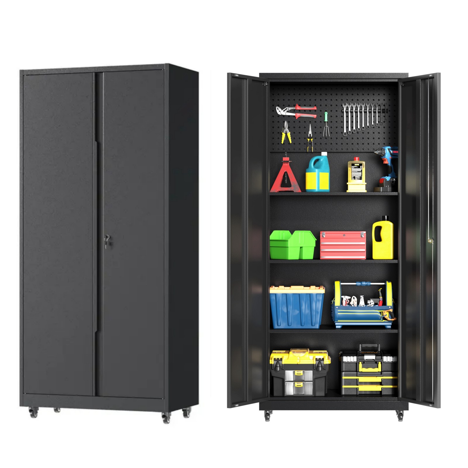71”H Metal Garage Storage Cabinet w/3 Shelves, Lock Rolling Tool Cabinet Office