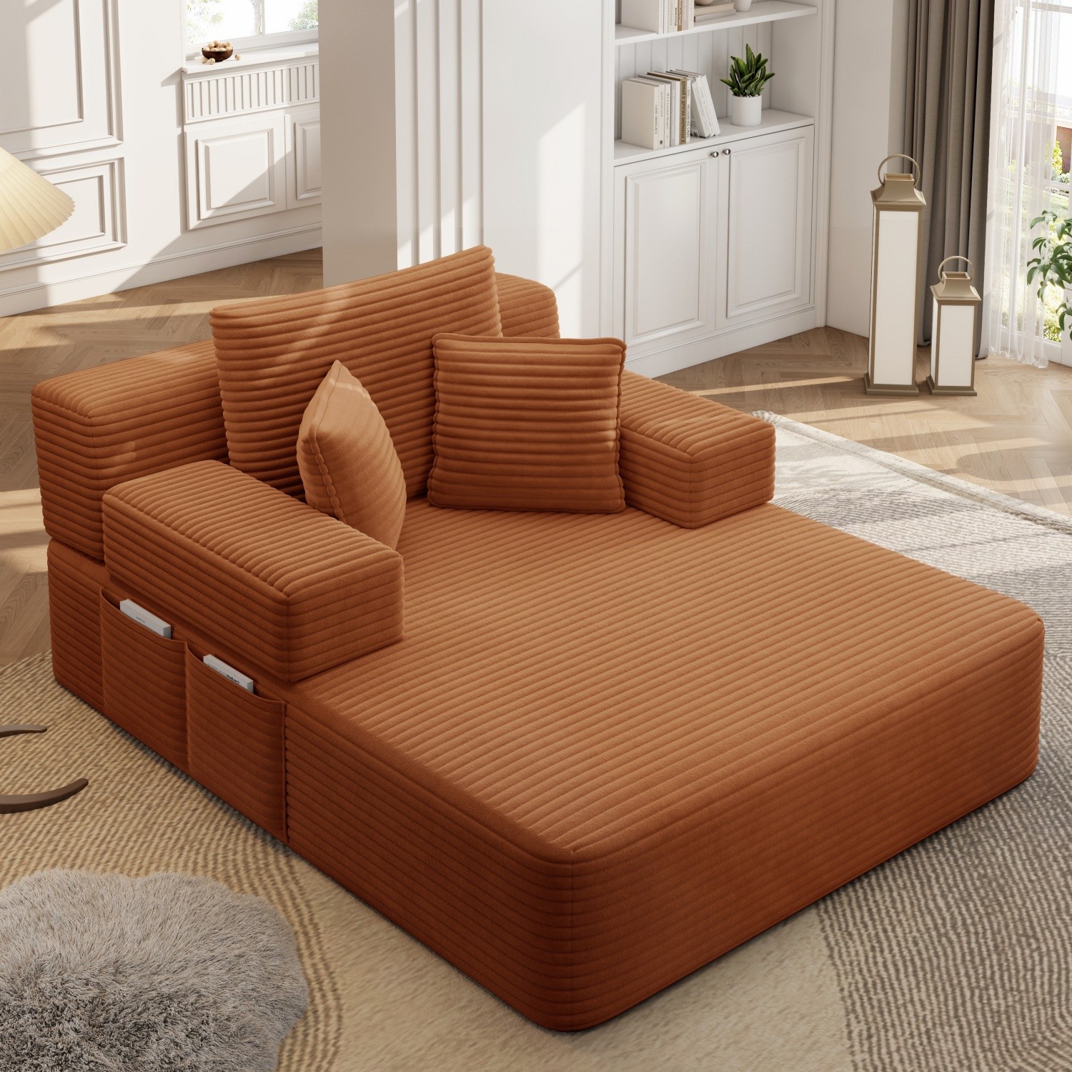 Modern Plush Corduroy Sofa Bed Chaise Lounge No Assembly Required with 3 Pillows