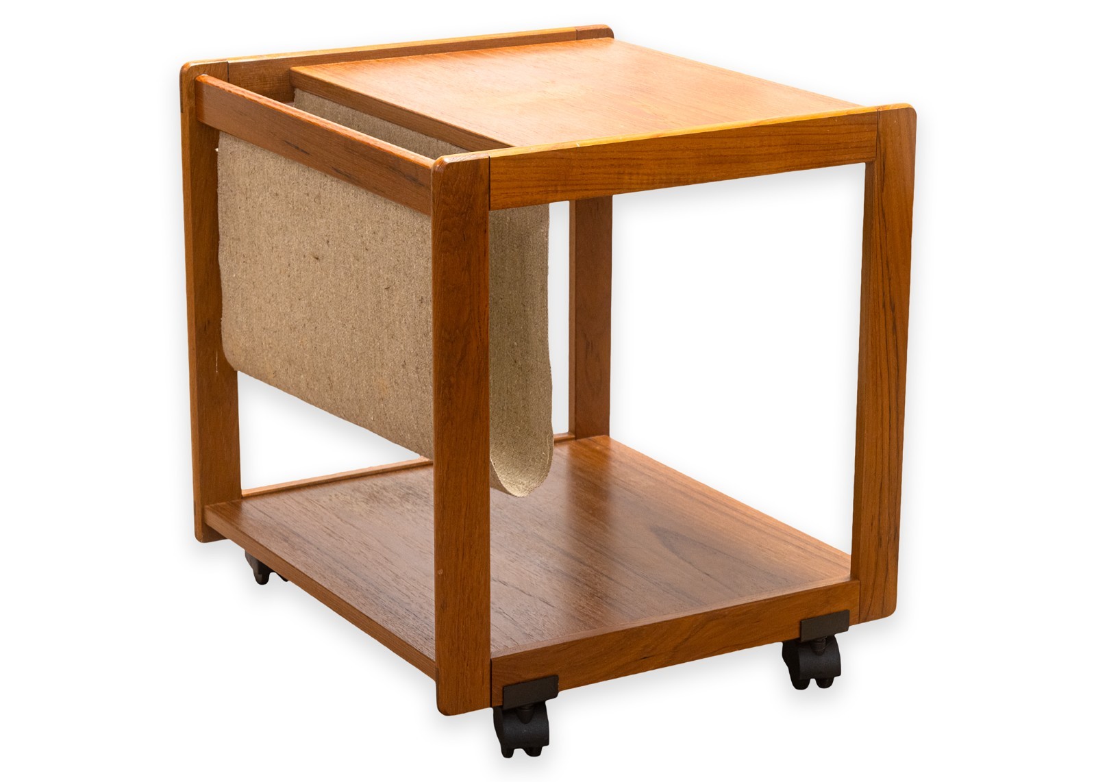 Vintage 1970s Danish FBJ Mobler Teak Side Table w Fabric Magazine Rack & Casters