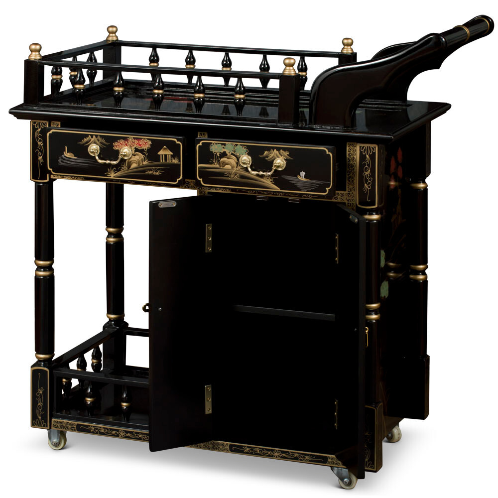 US SELLER – Black Lacquer Chinoiserie Scenery Chinese Tea Cart