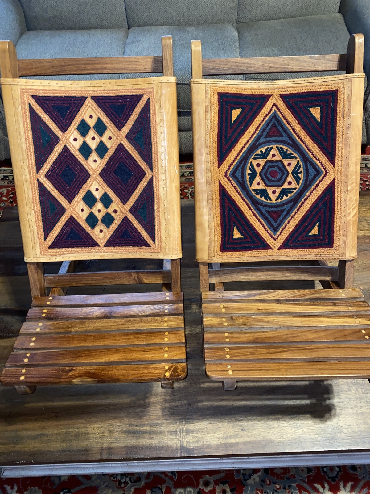 Set Of 2 Handmade Wood and Leather Embroidered Folding Chair made in India. READ