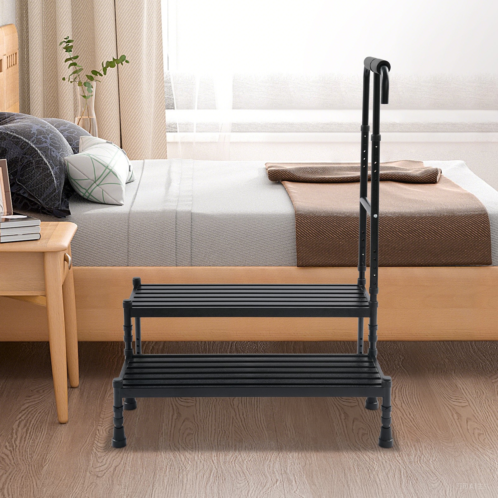 2 Steps Stool with Handle, Adult Ramp with Handrail, Metal Stepping Stool