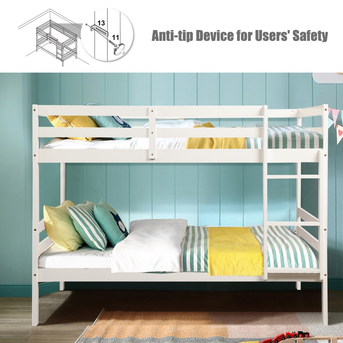 Twin Over Twin Wood Bunk Beds W/Ladder & Safety Rail Pine Wood Home White