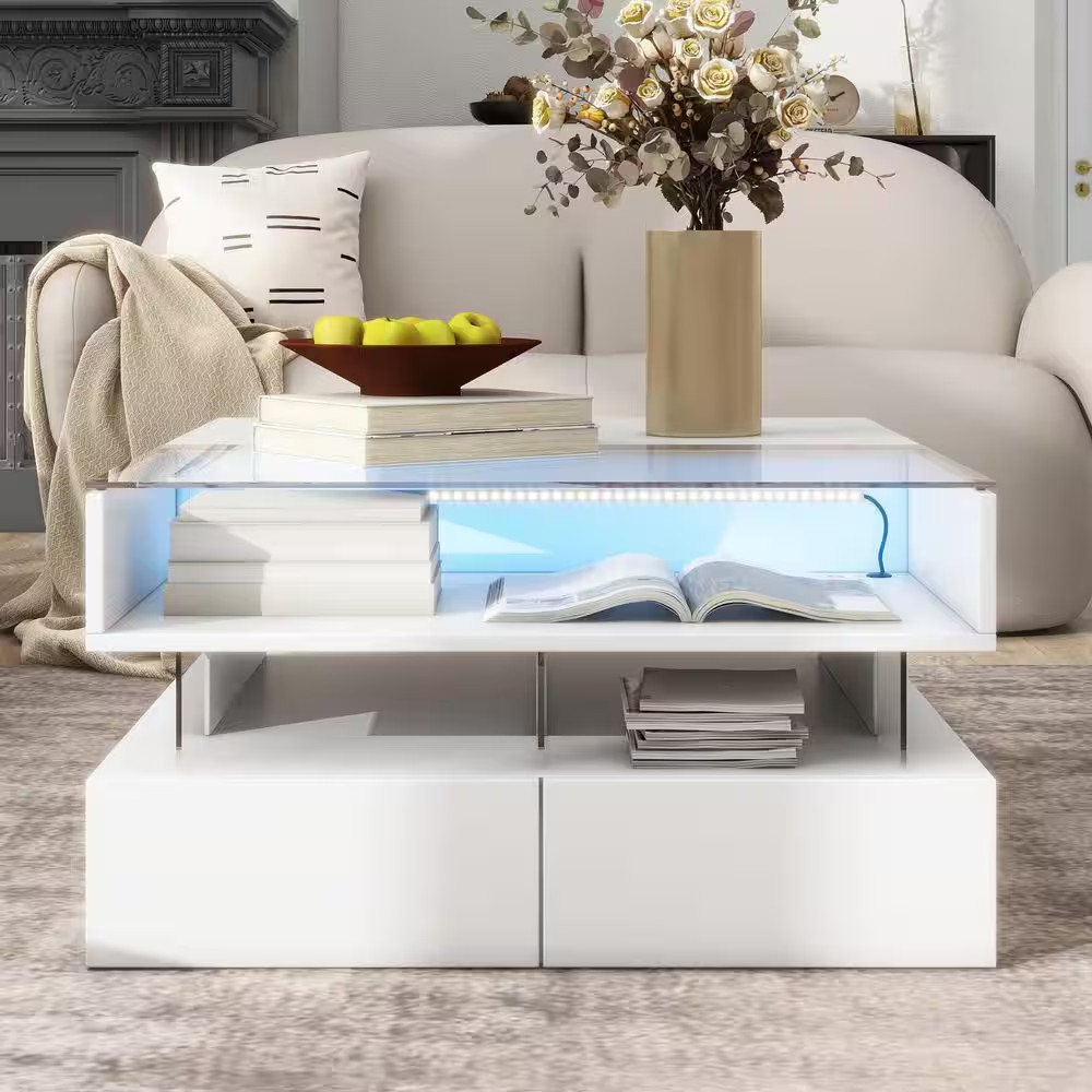 29.5 In. White Lift-Top Square Glass Top Coffee Table with 2 Drawers, High-Gloss
