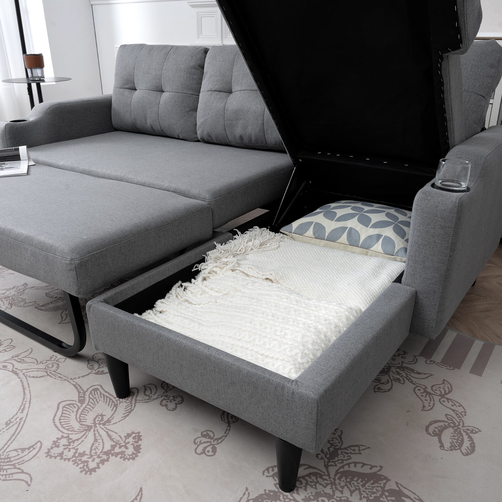 Modern Sectional Sofa Bed Modular Couch with Storage Chaise Lounge Cup Holders
