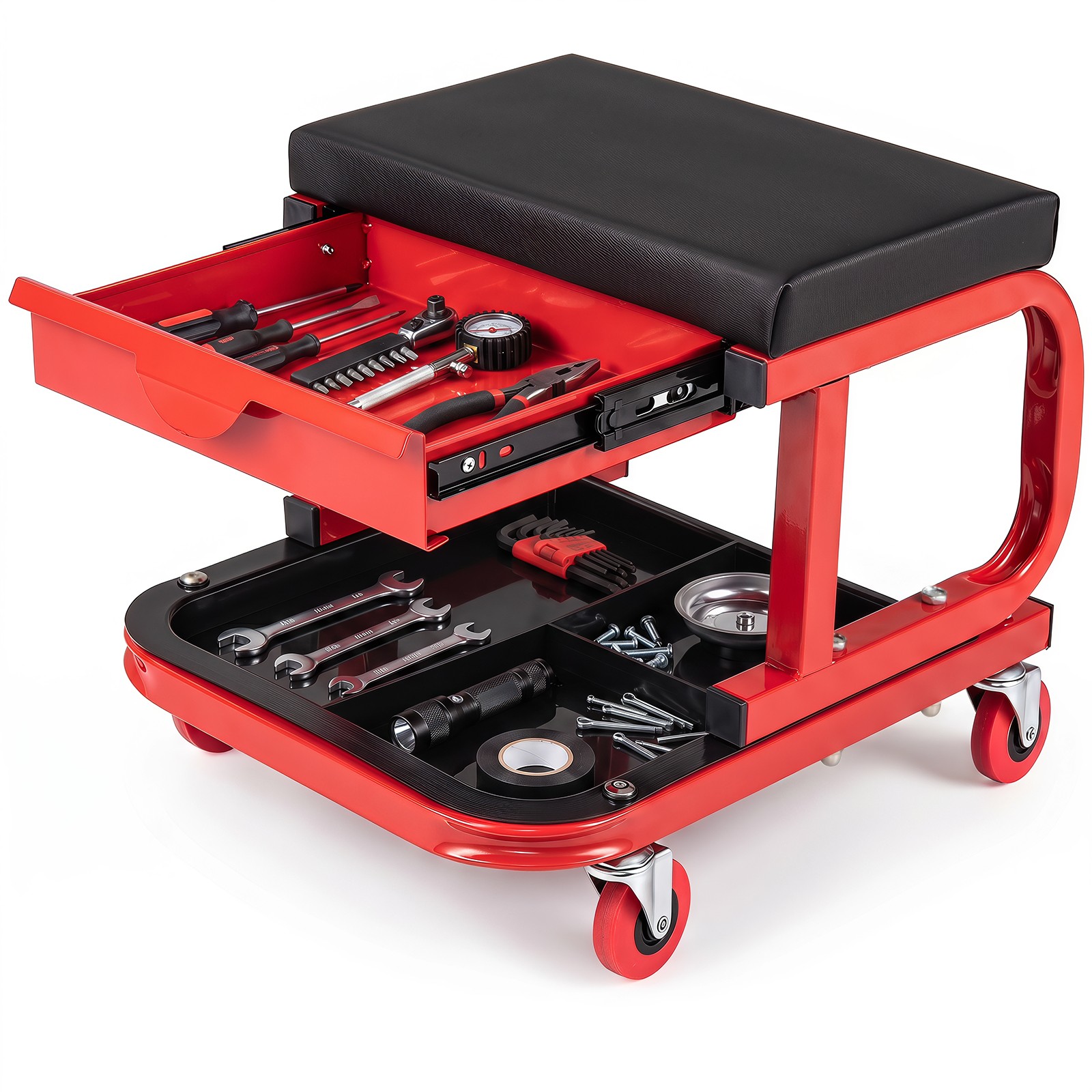 Mechanic Rolling Stool w/Tool Trays & Magnetic Drawer, Padded Cushion, 4 Wheels