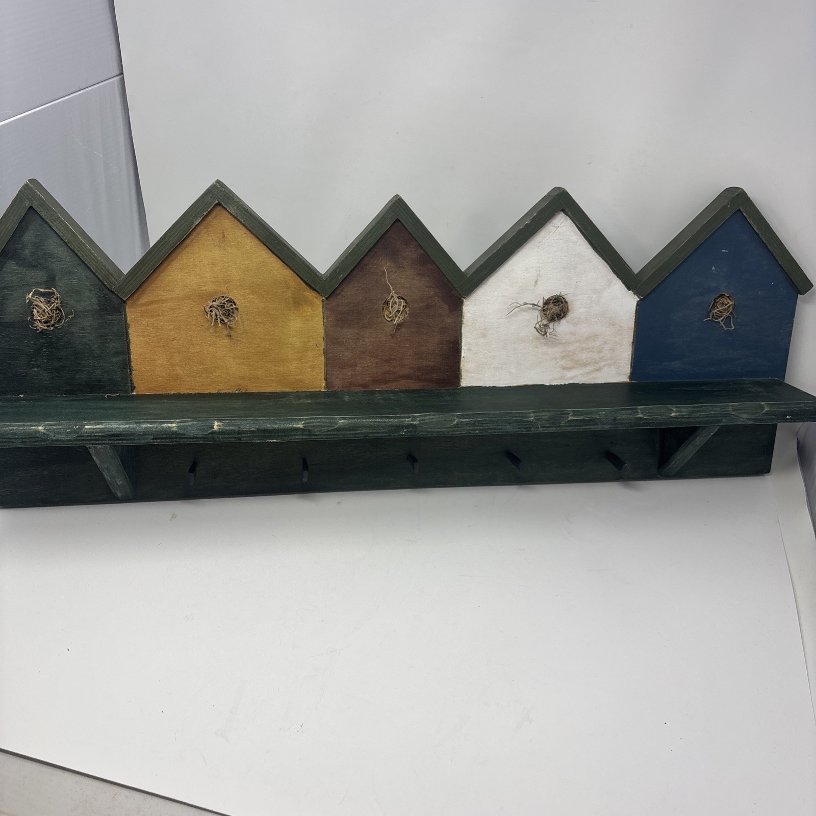 Vintage Rustic Wood House Wall Shelf Hand Painted Curio Trinket Display Pegs 28”