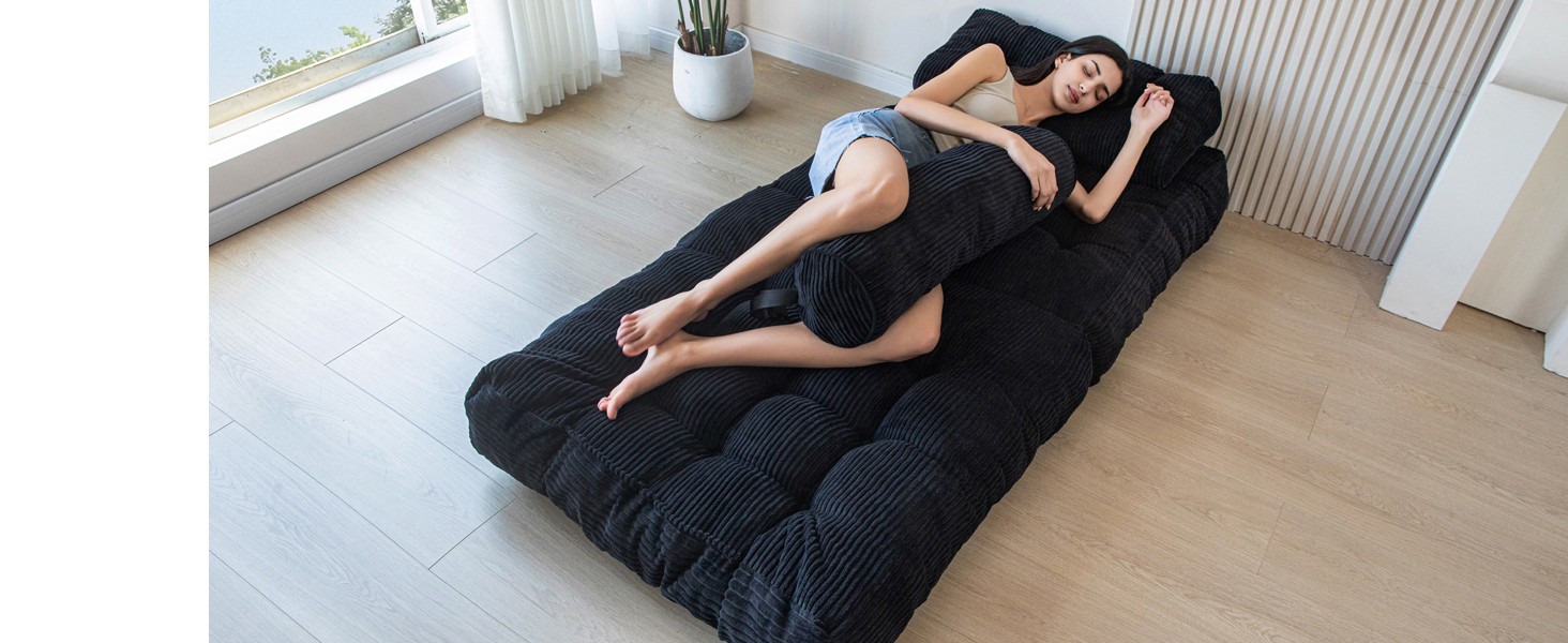 Folding Sofa Bed Adjustable Convertible Single Chair Black Corduroy