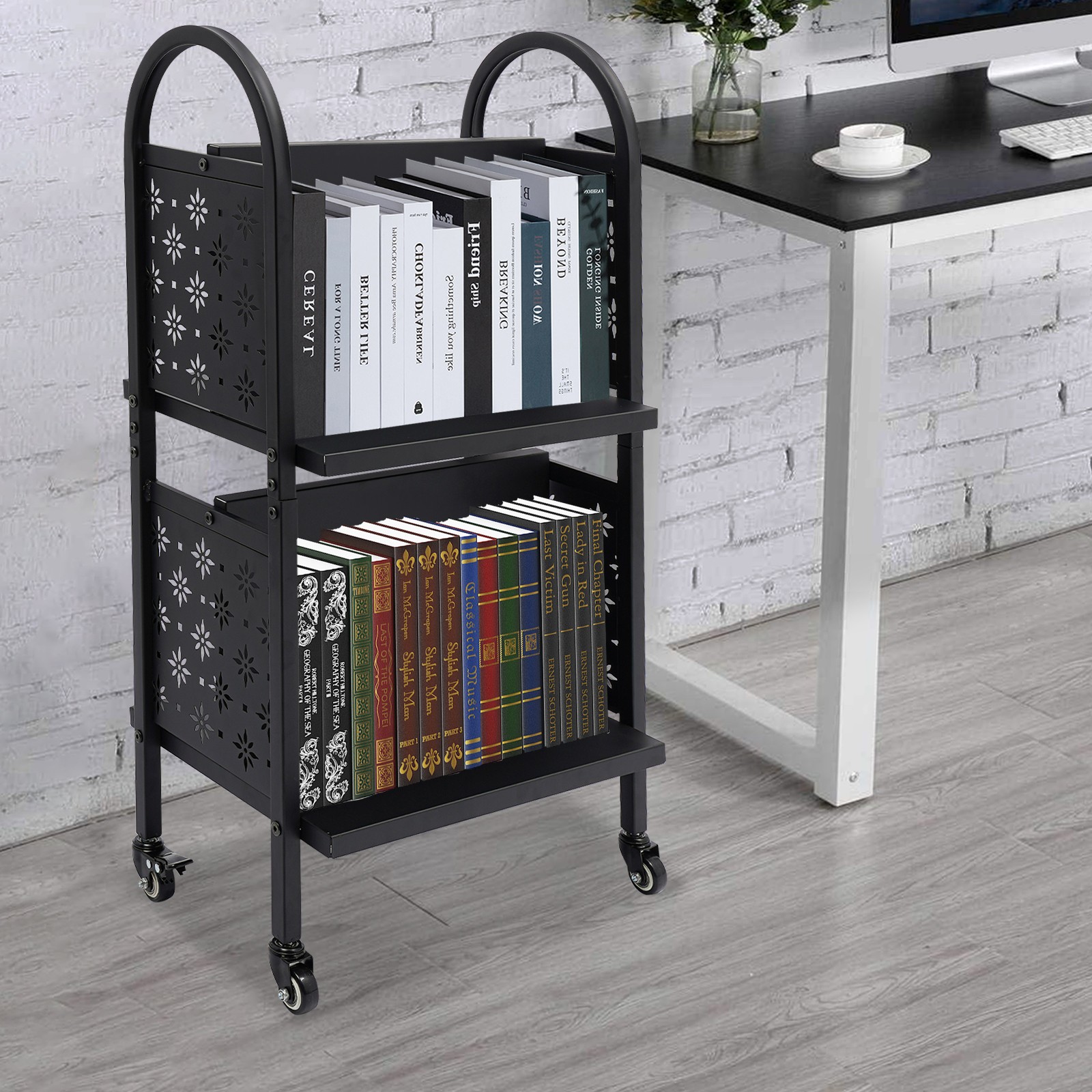 17*13*34in Rolling Book Cart Each 50lb Office Book Cart 2-Tier 4-Grid Book Cart