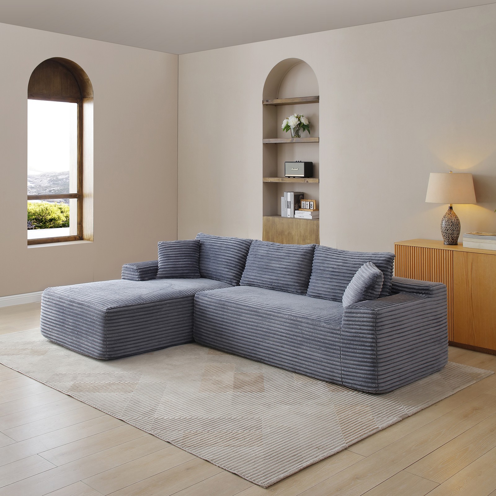 105” Modular Sectional Sofa, Cloud Couch, Grey Corduroy, 3 Seat