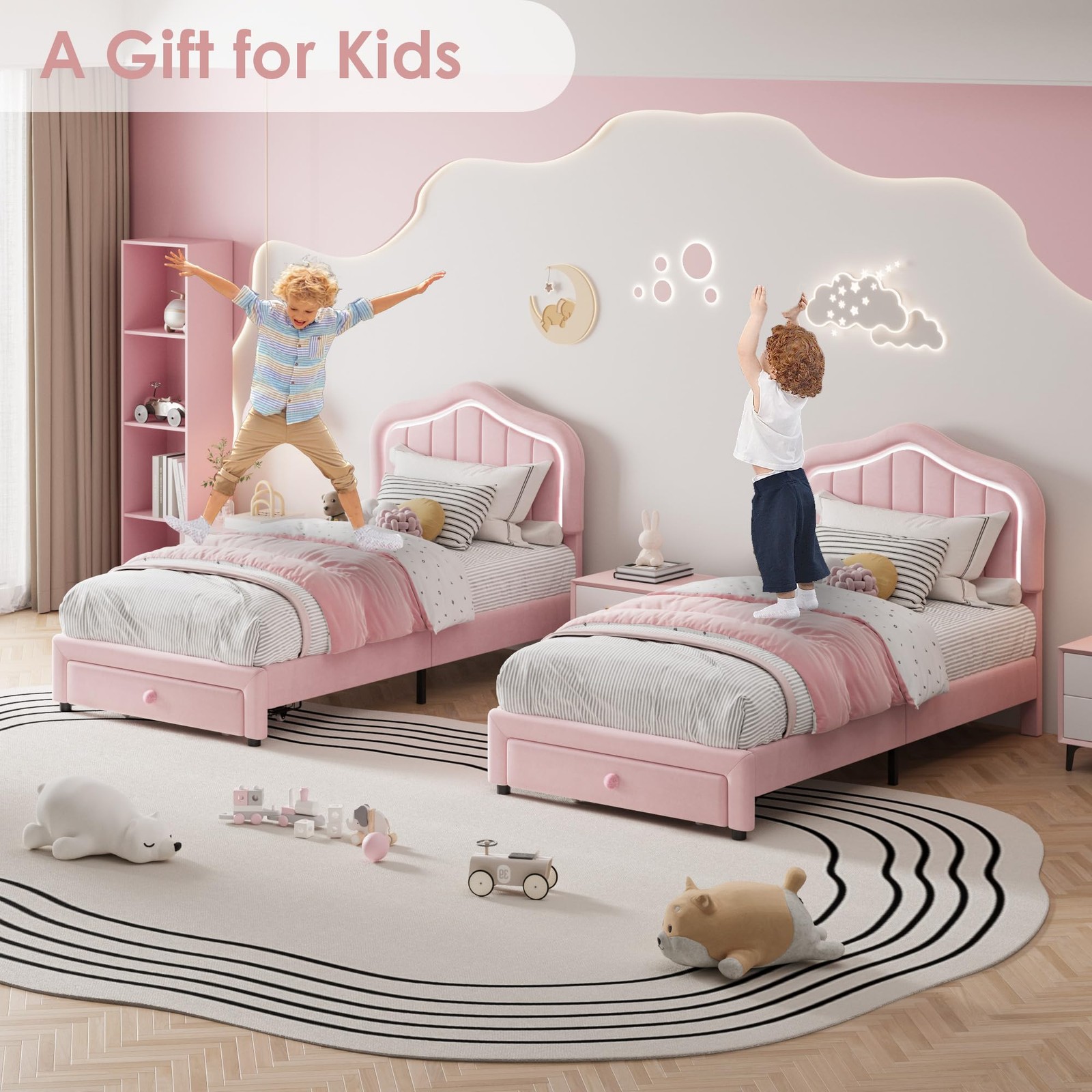 Twin Upholstered Bed Frame with Storage Drawer & LED Headboard for Kids/Girls