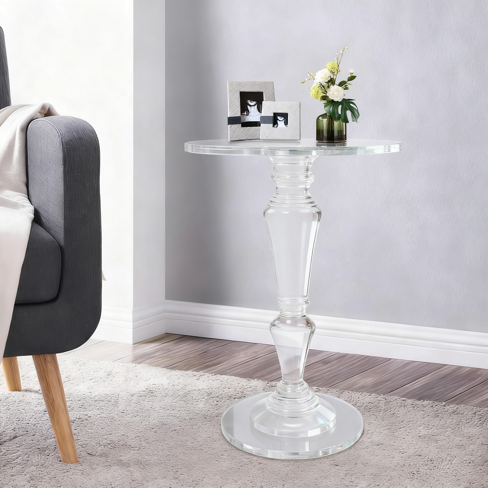Clear Acrylic Side Table Round Ende Table Drink Table for Small Space 13.8″x19”