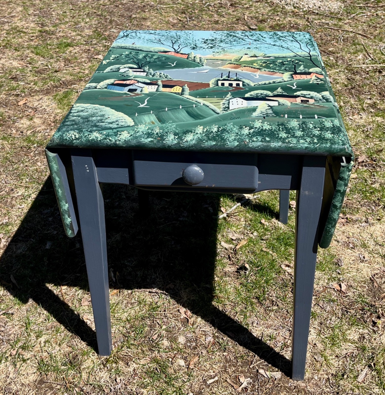 Hand Painted Side Table Signed CCM Landscape of Mountain Village & Seascape