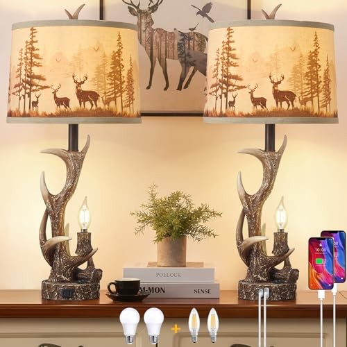 2 Pack Included 4 Bulbs for Bedroom | 28” Farmhouse Rustic Antler Table Lamps