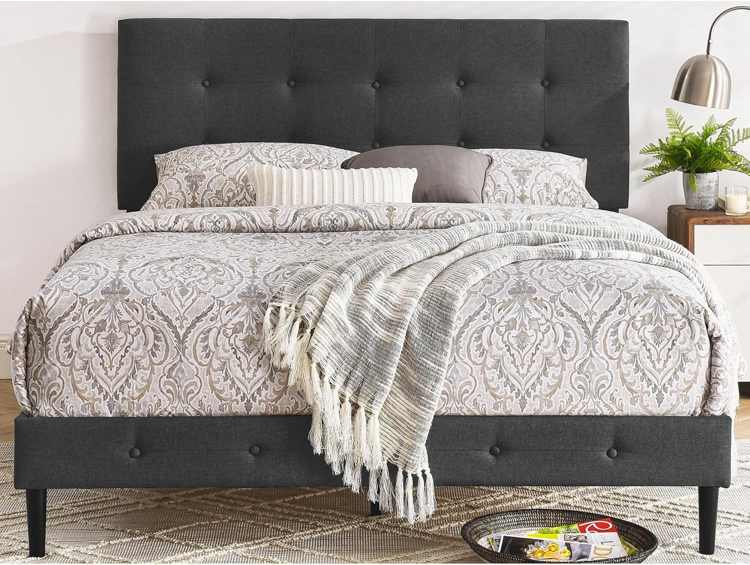 Cambridge Full Size Upholstered Wooden Bed Frame in Dark Grey