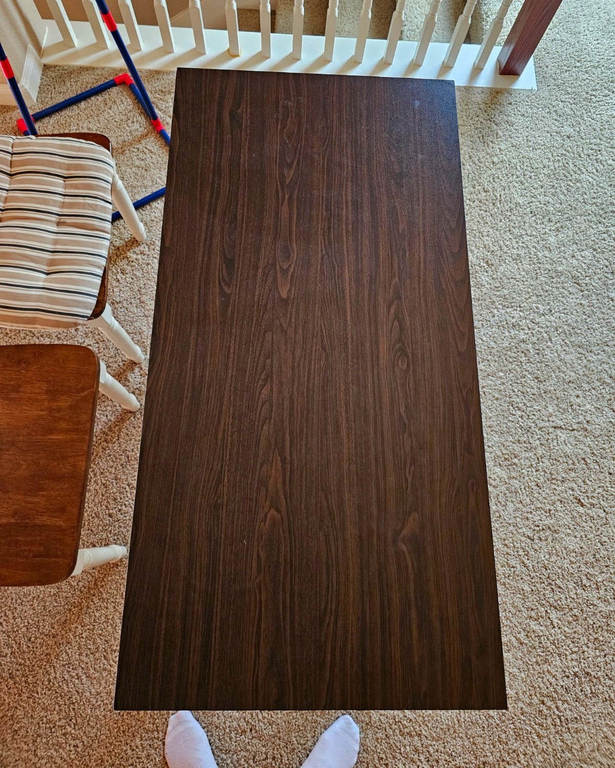 Rectangular Floding Table Dark Wood Grain Top, Black Metal Folding Legs.