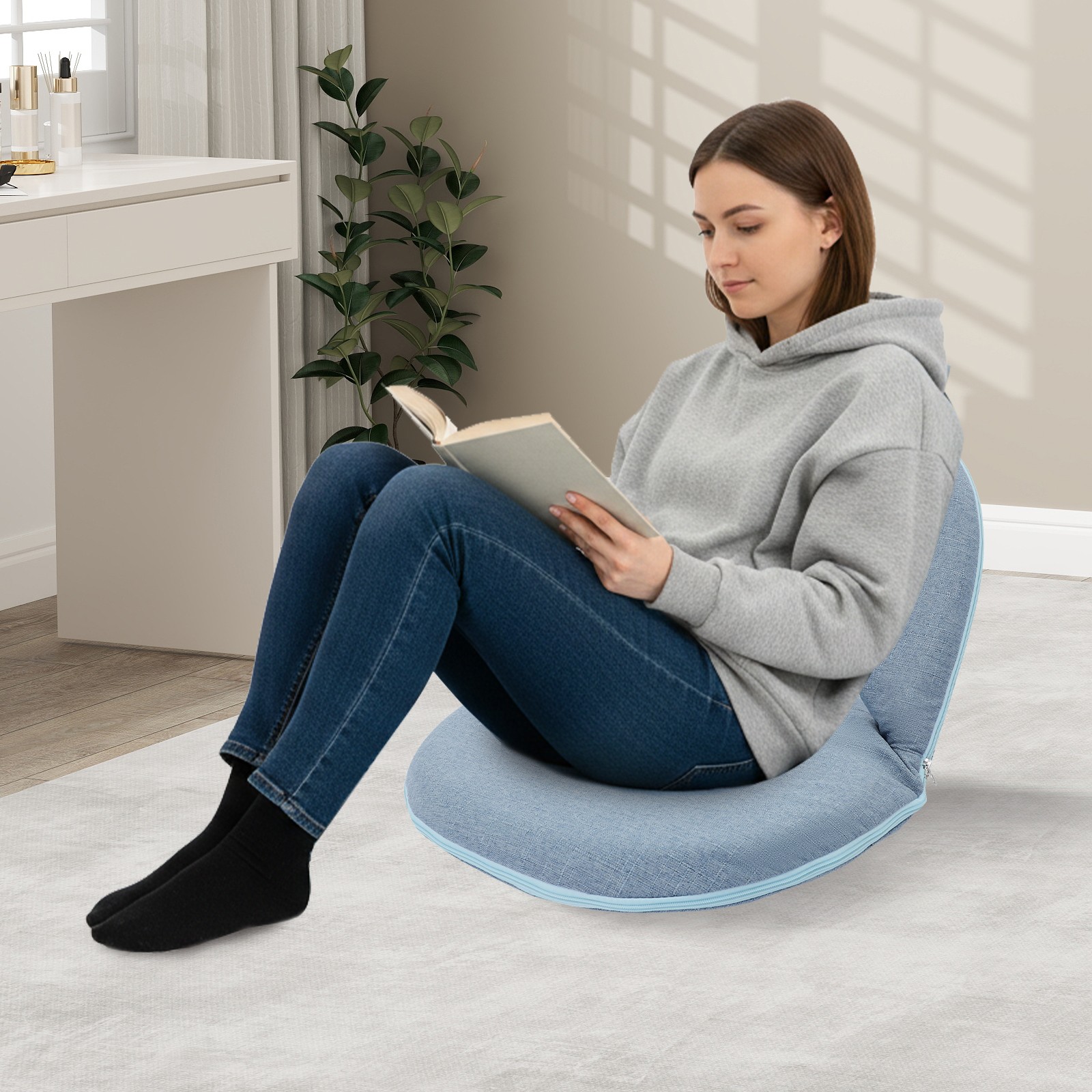 Folding Floor Chair,Blue Floor Cushion, Adjustable Floor Seat with Back Support