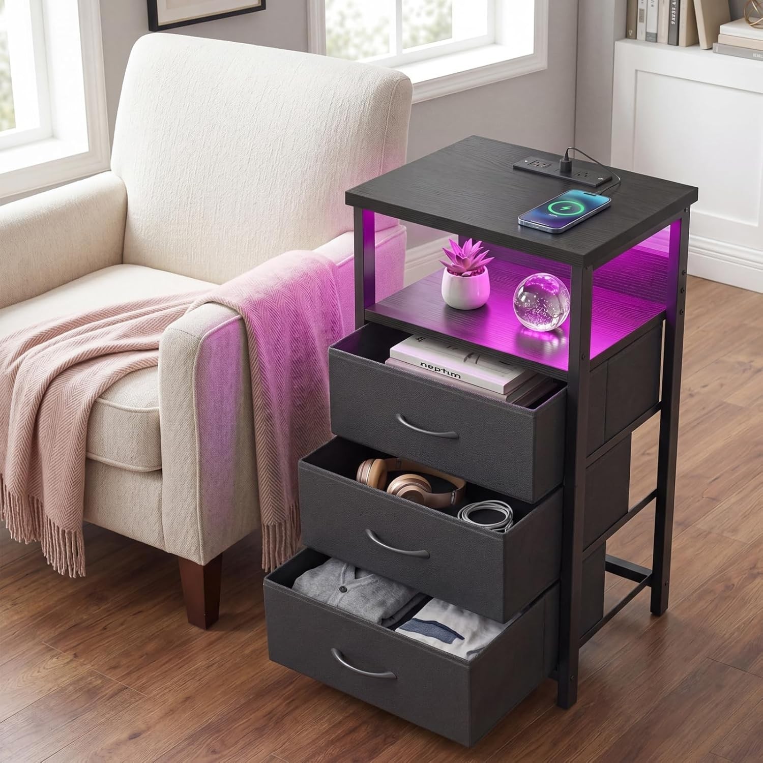 Multi-Functional Nightstand with 3 Drawers, LED Lighting, and Charging Options