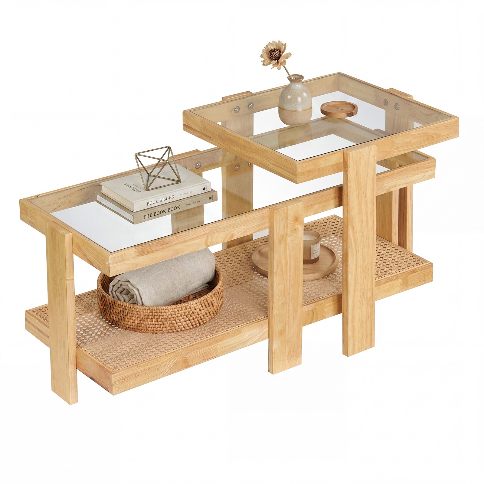 Nesting Coffee Table Set of 2, Boho Rattan Accent Table w/ Tempered Glass Top