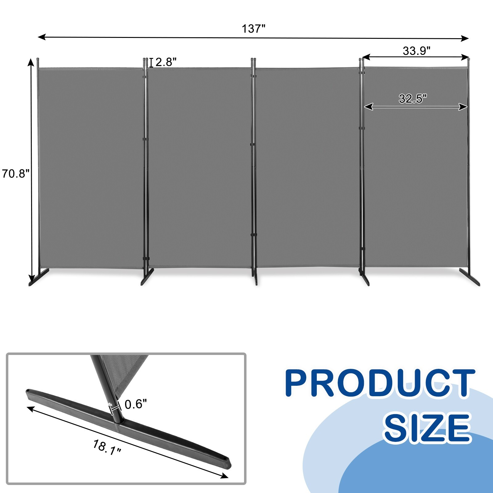 Gray 4-Panel Foldable Room Divider Partition Wall (6 Feet Tall x 11.5 Feet Wide)