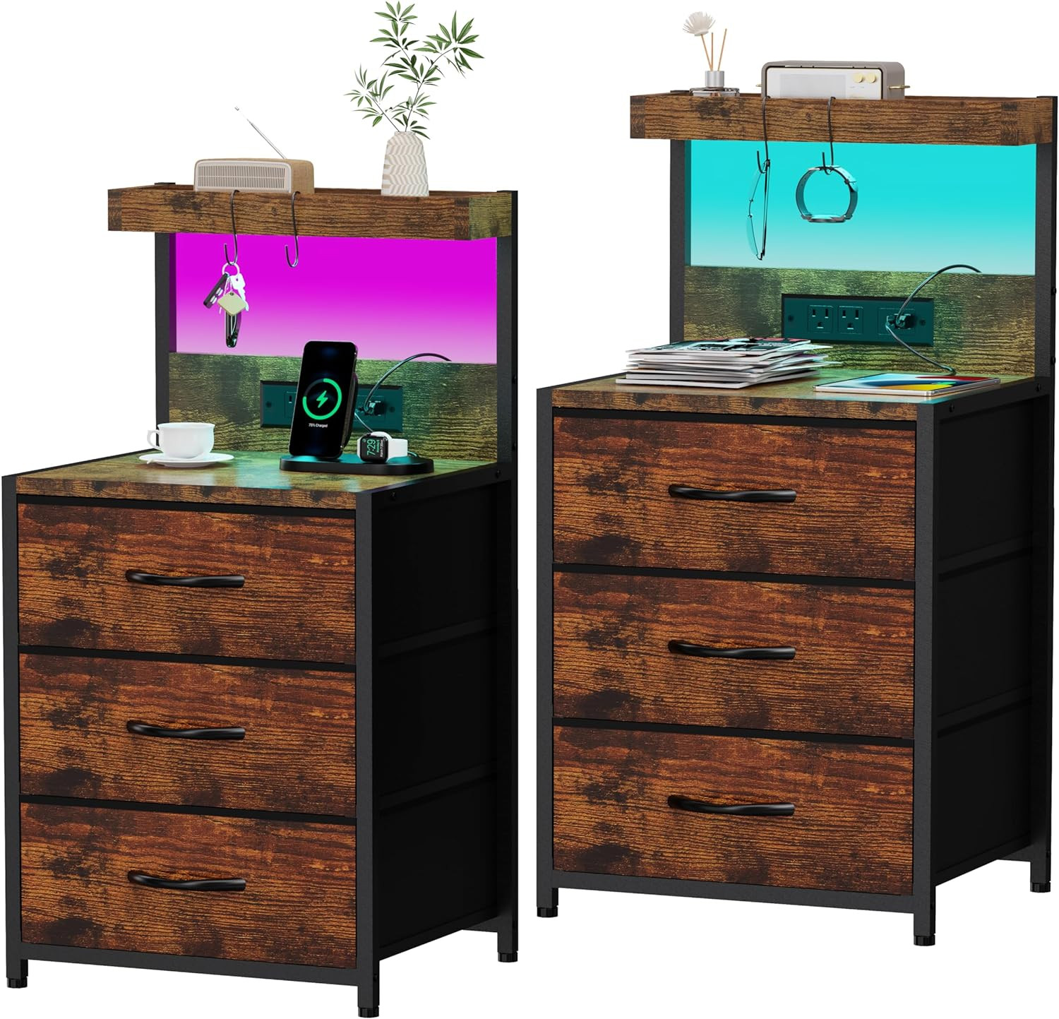 Rustic Brown Nightstands Set of 2 with LED Light & Charging Station