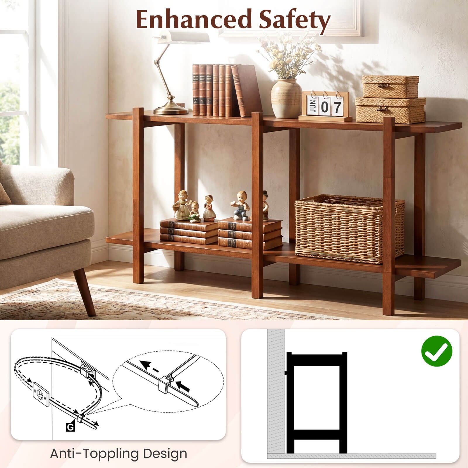 2-Tier Wood Bookshelf, Low Horizontal Rubberwood Bookcase for Storage & Display