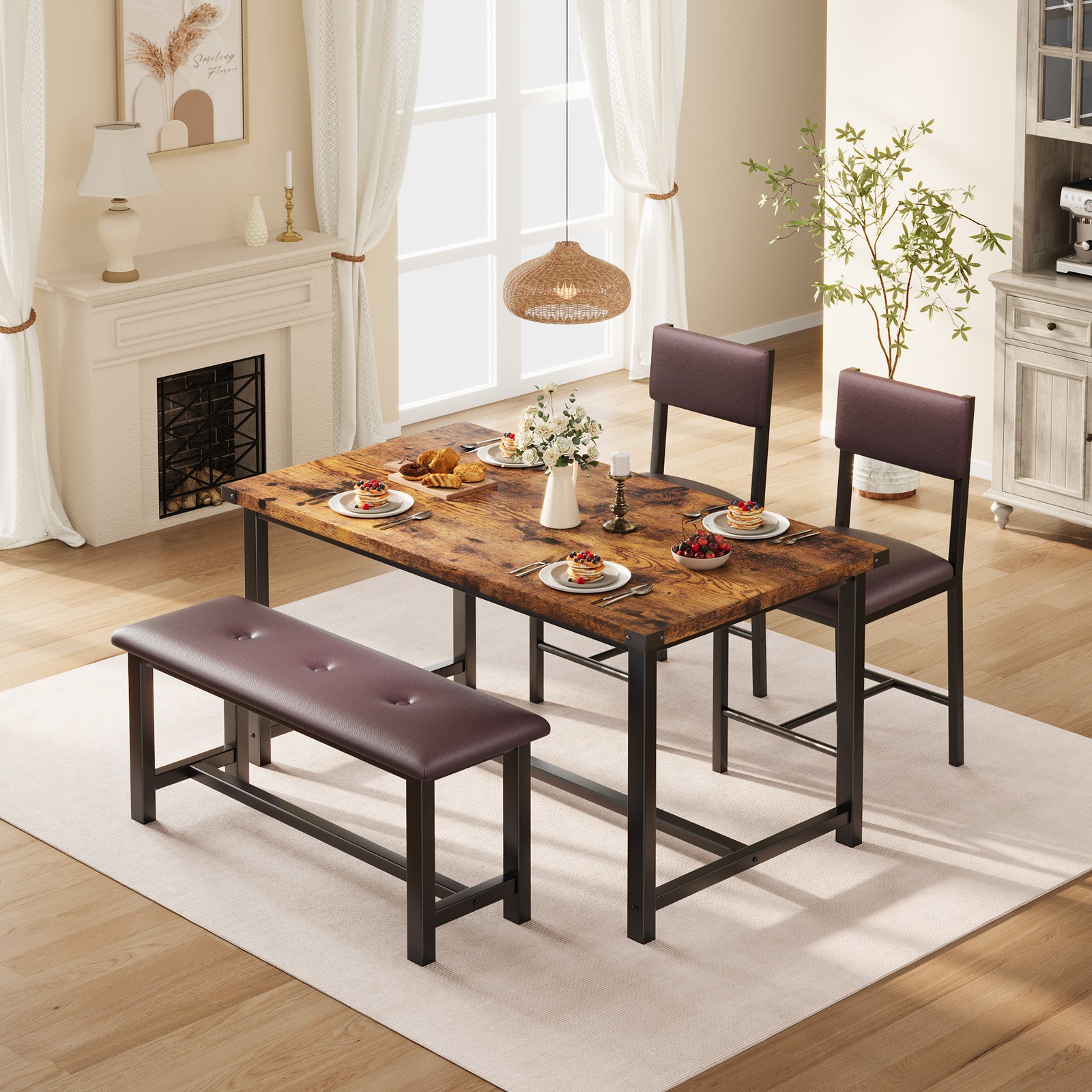 Classic Style Dining Table with Upholstered Bench & 2 Padded Chairs Space-Saving