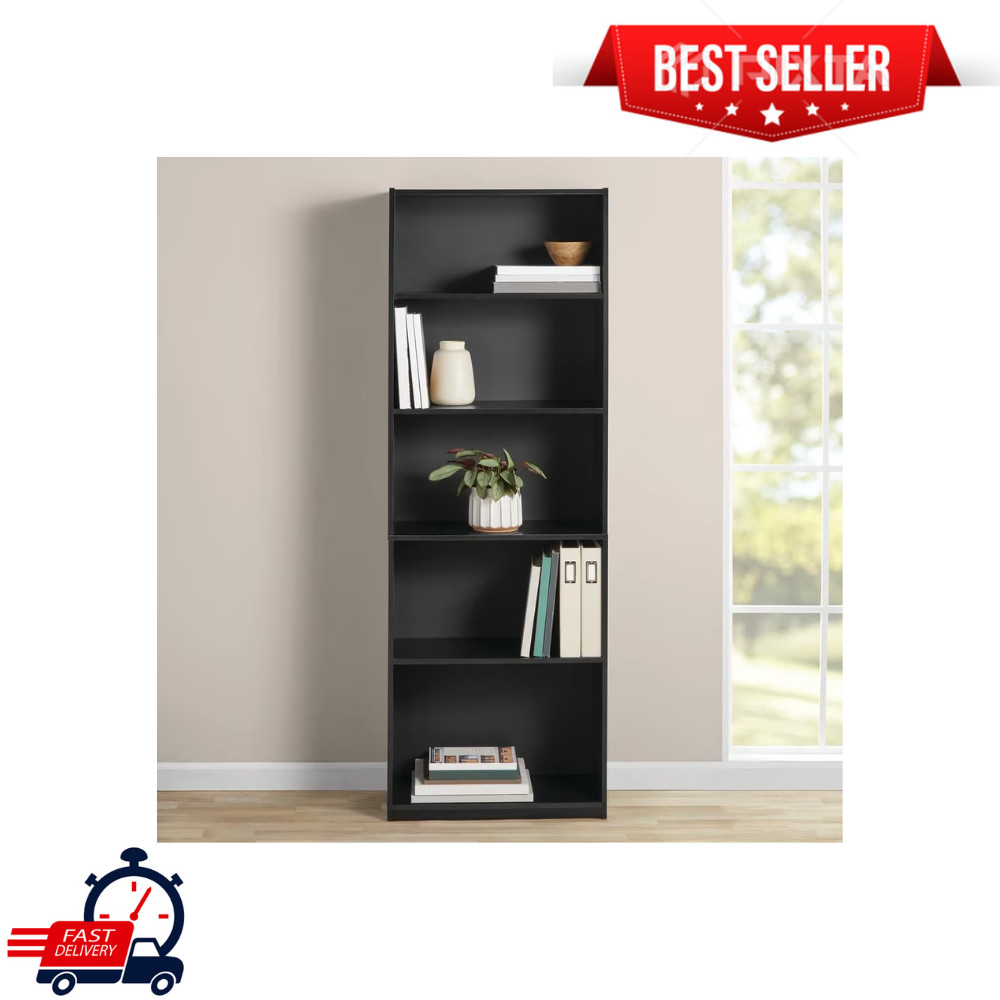 Mainstays 5-Shelf Bookcase, Adjustable Shelves, Wood Display Storage, Black Oak