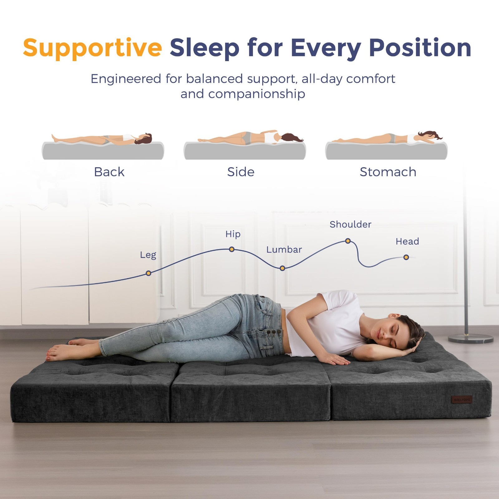 6″ Folding Sofa Bed, Tri-Fold Floor Mattress, Portable Couch for Guests, Dark Gr