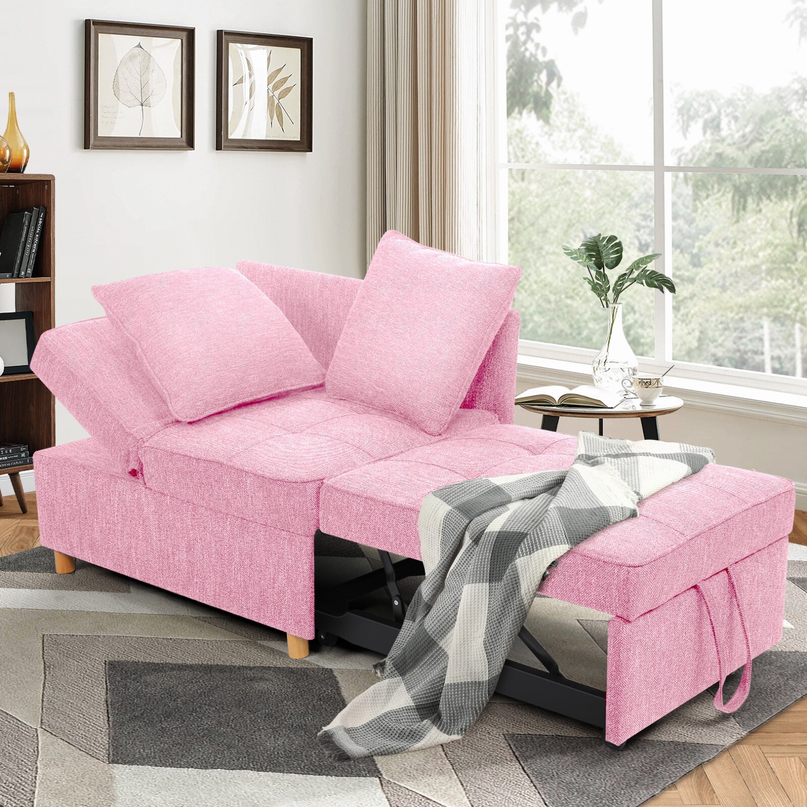 4-in-1 Convertible Sofa Bed 3-Seat Linen Fabric Loveseat Sofa w/2 Throw Pillows⭐