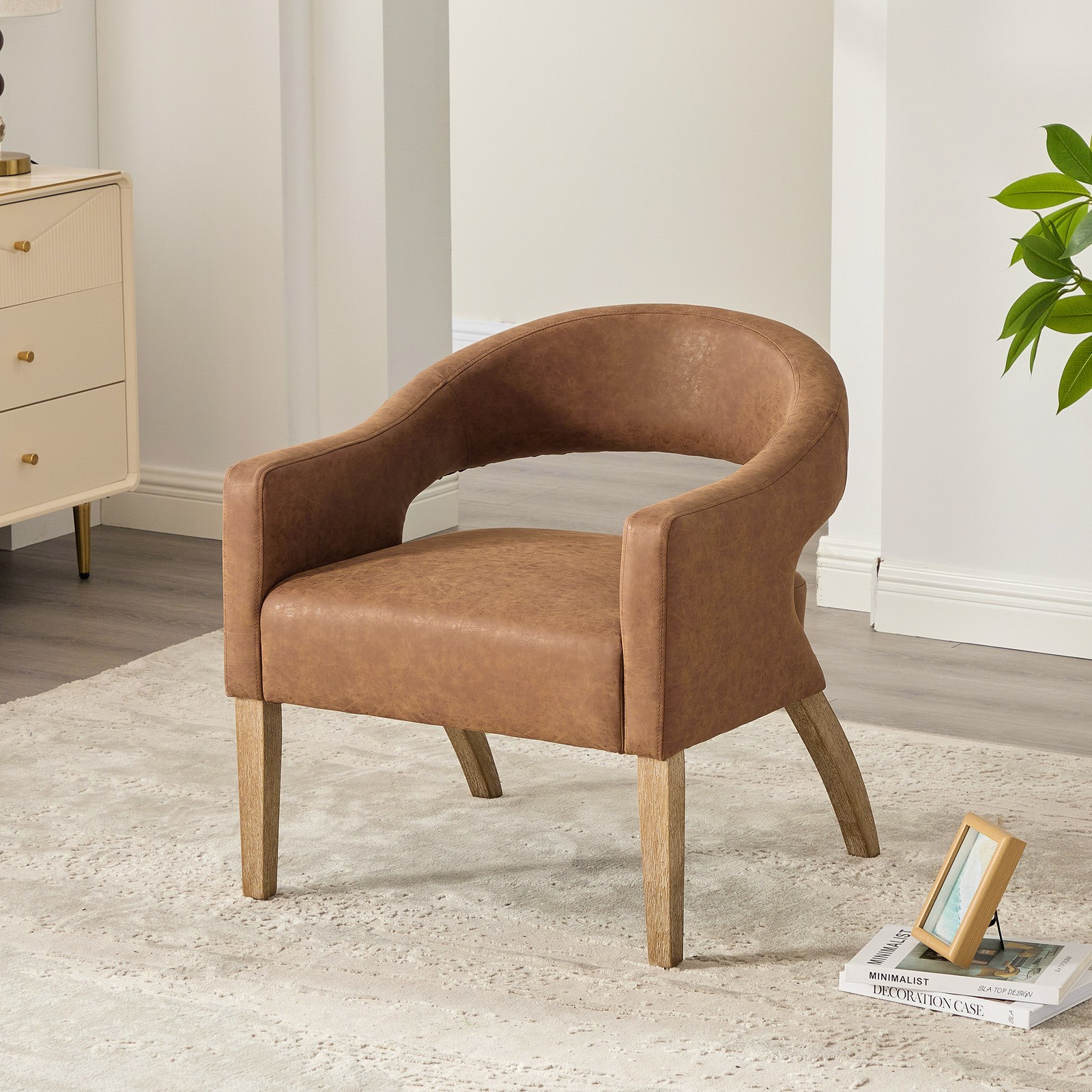 Modern Upholstered PU Barrel Accent Armchair with Rubberwood Legs, Brown