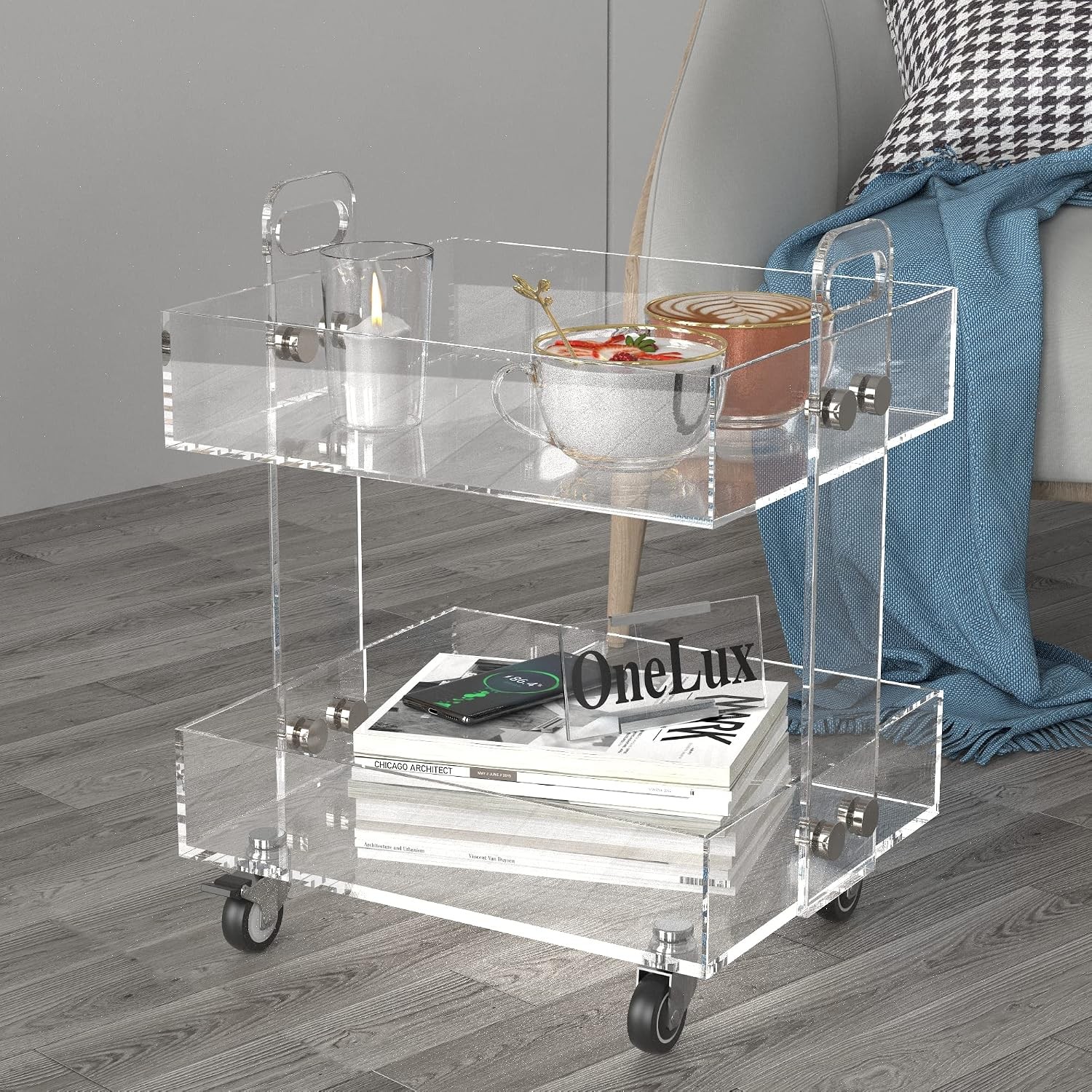 Flat Packed) Original Acrylic Side Table,Clear Table with Wheels,Acrylic Bedside