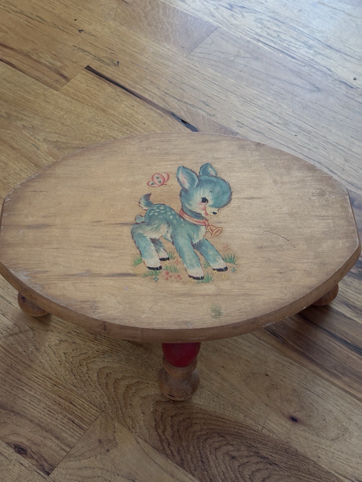 Vintage 1950s Wood Childrens Step Stool Blue Fawn Deer Meyercord Decal Kitsch