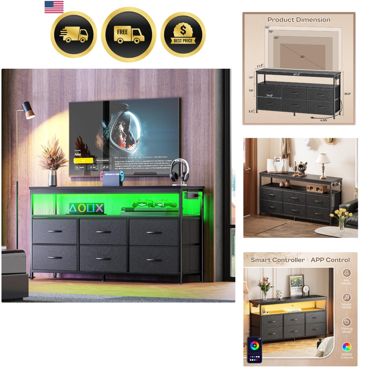 LED TV Stand Dresser with Storage LED Lights Power Outlets for Bedroom Living…