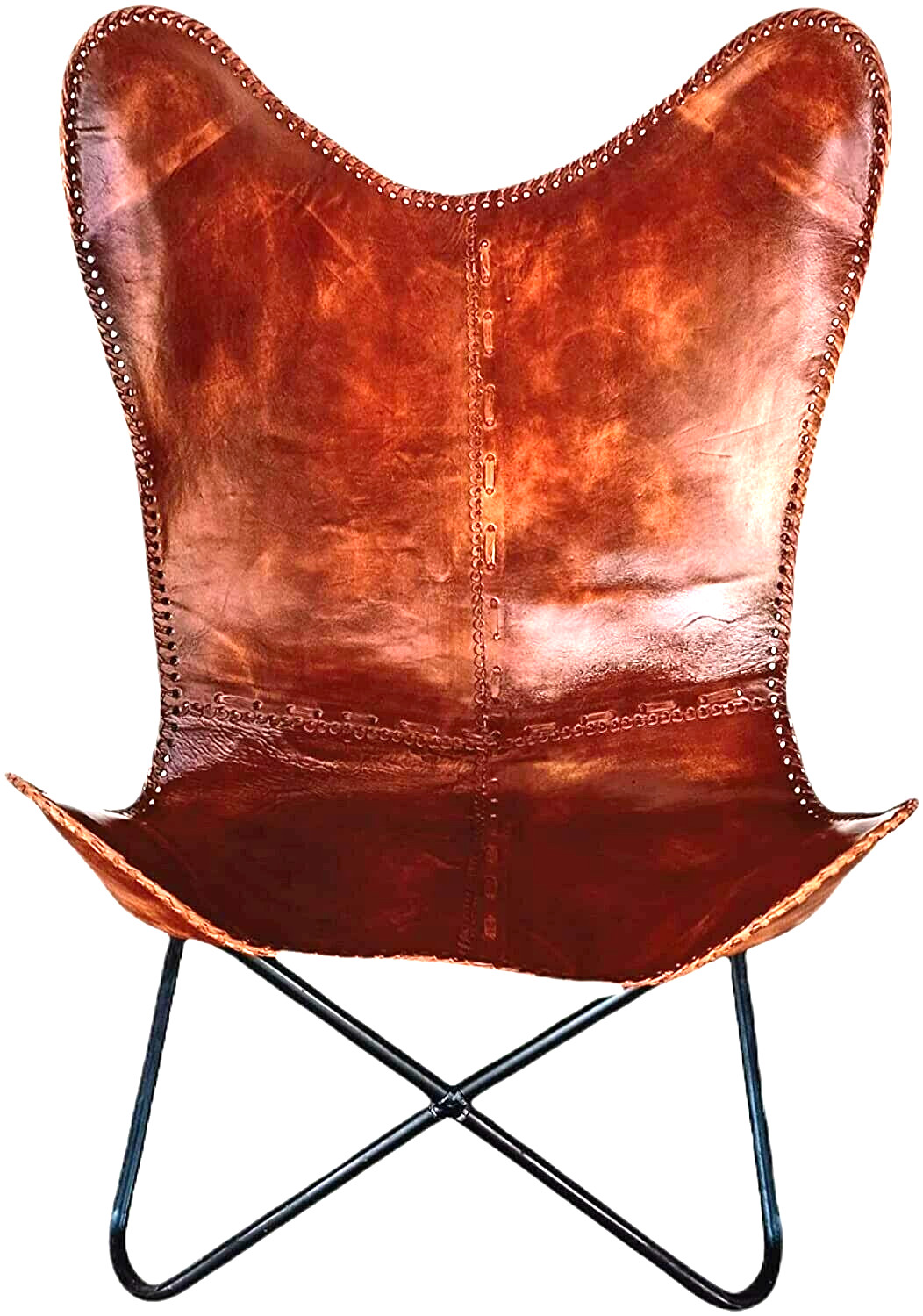 Butterfly Chair Mid Century Modern Real Leather Tan Brown Lounge Accent Chair