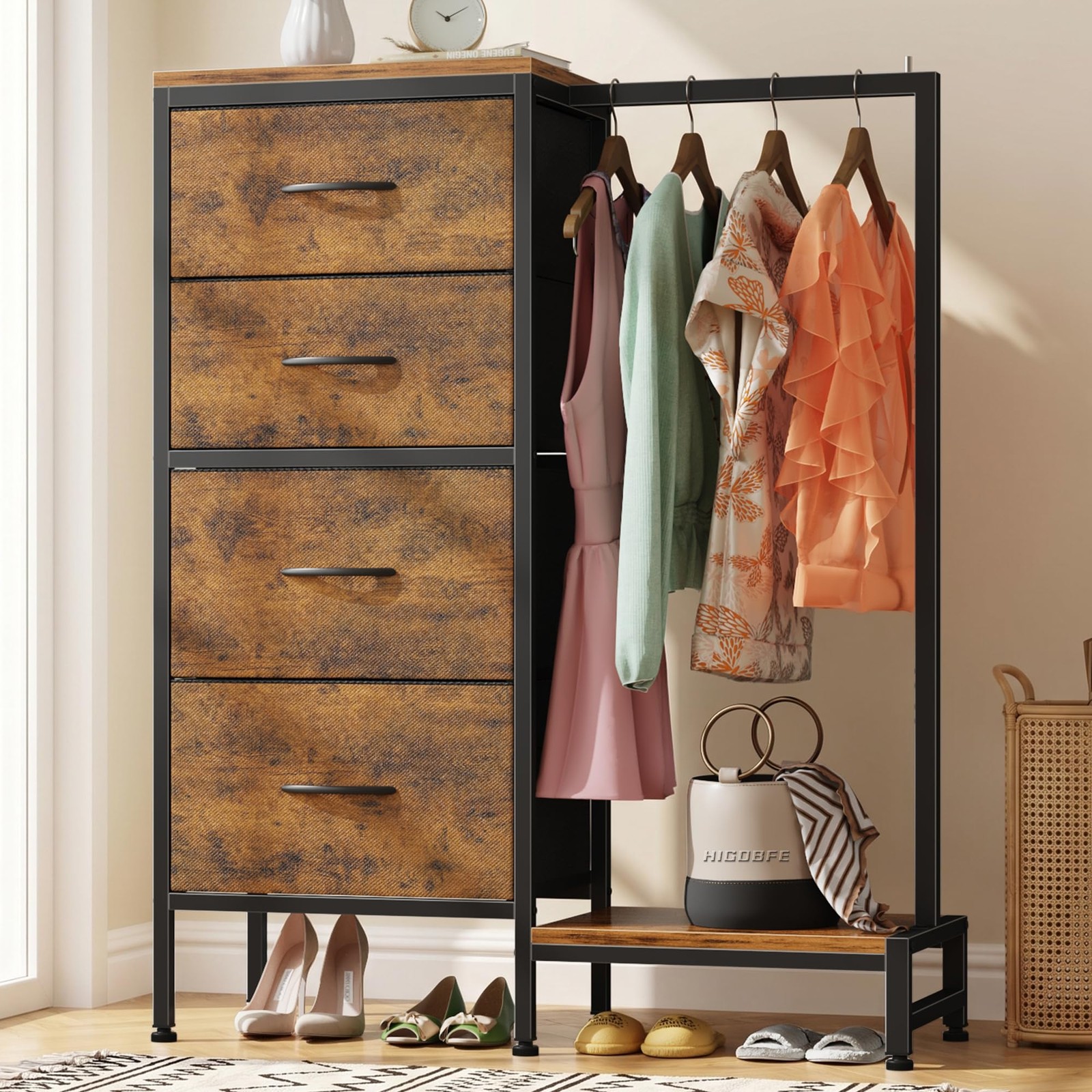 Dresser with Hanging Rack, 4 Drawers Small Closet for Bedroom, Reversible Fab…