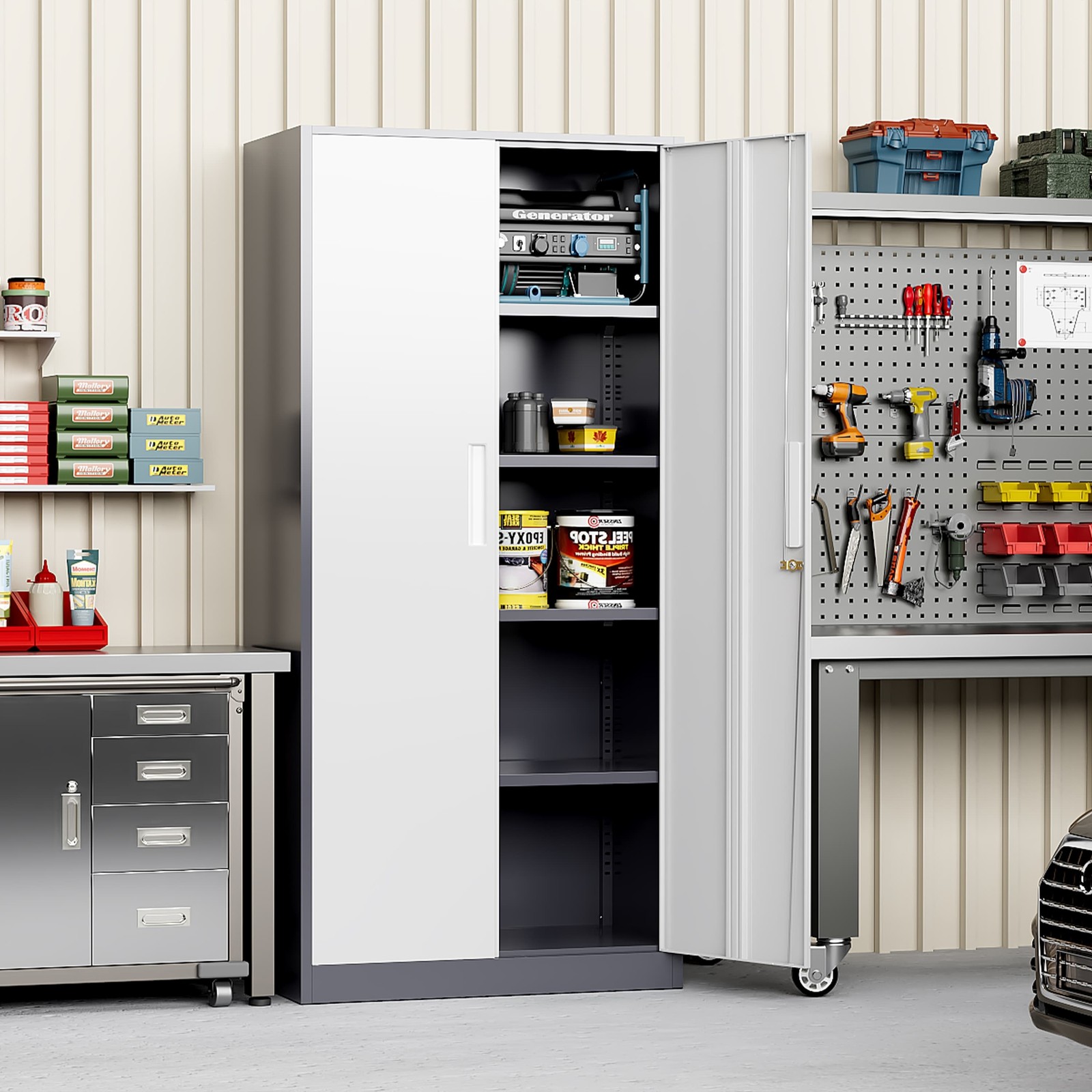 71” H Metal Garage Storage Cabinet with Locking Doors and Adjustable Shelves